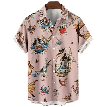 Летняя Ретро-модная рубашка с Русалочкой 2022, 3D Гавайские рубашки, Мужская рубашка, Повседневные Свободные дышащие Рубашки с коротким рукавом, Топ