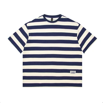 Летняя японская повседневная футболка весом 260 г Весом 2023, универсальная футболка в синюю и белую полоску с короткими рукавами