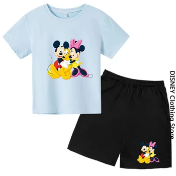 Милая футболка с героями мультфильмов, Детская летняя хлопковая одежда Disney, Свободные мягкие повседневные брюки с коротким рукавом, спортивный костюм 2P для девочек и мальчиков, подарок на день рождения