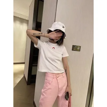 Модная Классическая роскошная дизайнерская Женская летняя футболка с вышивкой Луны, облегающая футболка с коротким рукавом и круглым вырезом, эластичный облегающий топ