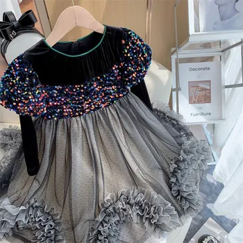 Модное Весеннее детское праздничное платье 2023 года для девочек, детский костюм с пышными рукавами и блестками, платья Принцессы на День рождения от 2 до 12 лет