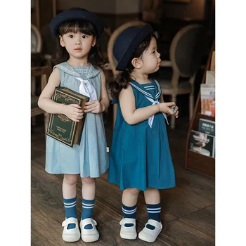 Модные Платья 2023 года в Корее для детей, Летнее повседневное платье для девочек, Одежда для маленьких девочек с матросским воротником, Повседневная свободная верхняя одежда без рукавов