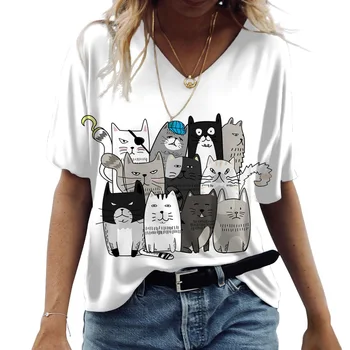 Модные повседневные футболки с 3D V-образным вырезом, женские футболки, Летняя кавайная забавная женская одежда, Милые кошки, графический принт, короткий рукав