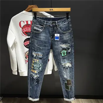 Мужские джинсы, рваные, зауженные, с принтом, брюки, Графическая Ретро Корейская мода, Рваные, облегающие Мужские Ковбойские брюки, Дизайнерские дырки