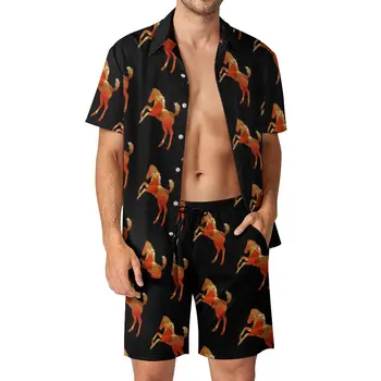 Мужские комплекты пляжной одежды с лошадьми, комплект повседневной рубашки геометрических форм, Летние шорты на заказ, винтажный костюм из двух предметов Большого размера