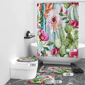 Набор для ванной комнаты с 3D принтом кактуса, Занавеска для душа, Набор ковриков для ванной, Коврики для декора туалета, Коврик 01