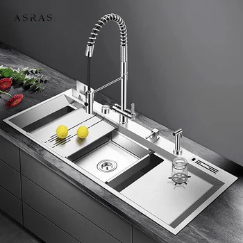 Новая кухонная раковина ASRAS большого размера с ополаскивателем для одной чашки Толщиной 4 мм и глубиной 220 мм Со сливной пластиной, держатель для ножей, Кухонные раковины