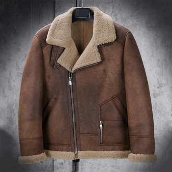 Новая мужская куртка из овчины B3, коричневая кожаная куртка, короткое меховое пальто, модная мотоциклетная куртка из овчины