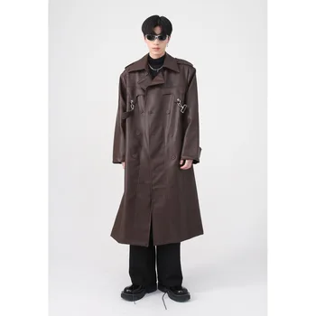 Новинка 2022, модный Длинный Непромокаемый черный тренч из искусственной кожи, Мужские двубортные макси-пальто с поясом,