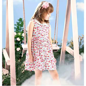 Новое летнее милое двухслойное хлопковое платье принцессы с цветочным рисунком для девочек в европейском и американском стиле, детская одежда