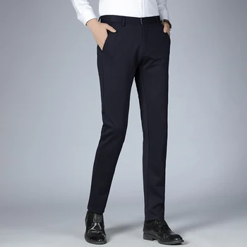 Новые Мужские Высококачественные деловые повседневные брюки с вышивкой, Свободные однотонные тонкие Брюки приталенного кроя, Мужские винтажные прямые брюки, элегантный костюм