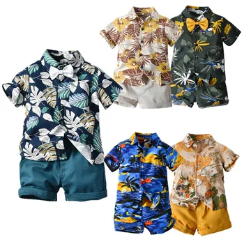 Одежда для мальчиков 2023 года, летняя рубашка с короткими рукавами и цветочным принтом, Шорты, повседневный комплект из двух предметов с бантом, разноцветный пляжный костюм для малышей