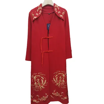 Осенне-зимнее этническое женское длинное пальто с большой вышивкой в китайском стиле в стиле ретро, большая ветровка с вышивкой в стиле ретро