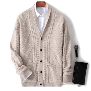 Осенне-зимний Новый двойной толстый кардиган с карманом, шерстяной Мужской вязаный кашемировый свитер из чистой шерсти с длинными рукавами, теплое пальто