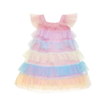 Платье для девочек, летняя новая детская разноцветная газовая юбка для торта, сарафан в западном стиле для девочек, детское платье