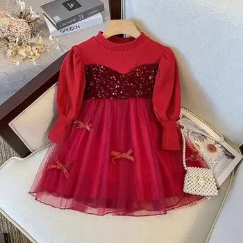 Платье для маленьких девочек, Осенняя одежда 2022 года, Новое детское пышное сетчатое платье Принцессы с длинными рукавами и блестками