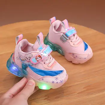 Повседневная обувь для девочек Disney со светодиодной подсветкой, Дышащая обувь из сетчатого материала, Спортивная обувь для девочек, Розово-фиолетовая обувь Замороженной принцессы Эльзы