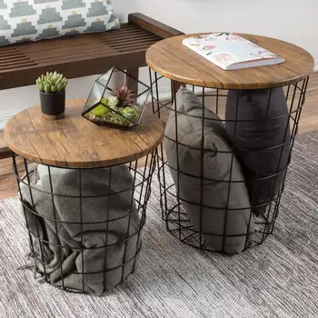 Прикроватные столики с местом для хранения - набор из 2 круглых металлических корзин от (каштан)
