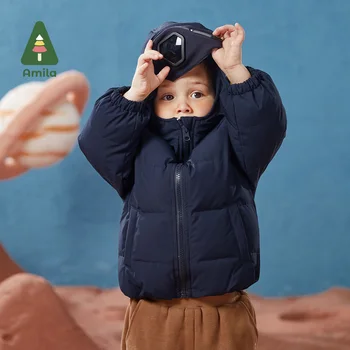 Пуховик Amila для маленьких мальчиков, зима 2022, Новое непромокаемое пальто с капюшоном, детская однотонная теплая модная куртка на молнии