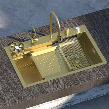 Раковина с водопадом Золотая Кухонная Раковина для посудомоечной машины Из нержавеющей стали С Большим поддоном