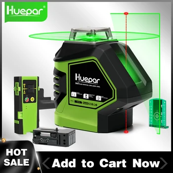 Самонивелирующийся лазерный уровень Huepar с зеленым лучом, поперечная линия с 2 точками отвеса, горизонтальная линия 360 ° и большой угол наклона по вертикали