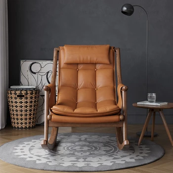 Скандинавское кожаное кресло-качалка из массива дерева, Дизайнерский диван для гостиной, Современный минималистичный диван для сна, мебель для гостиной на балконе