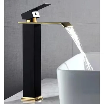 Смеситель для раковины на столешнице в ванной комнате, латунный водопад, черное золото, высота и короткий белый горячий холодный