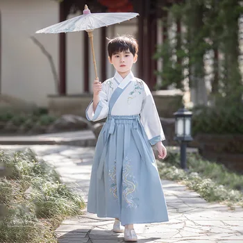 Традиционная синяя вышивка для мальчиков Hanfu, костюмы в китайском стиле, одежда для сцены, костюм Тан
