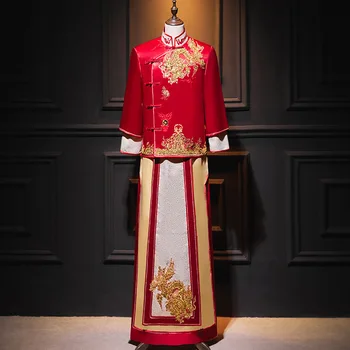 Традиционный Мужской Свадебный костюм Ципао в китайском стиле с вышивкой красным драконом, платье жениха