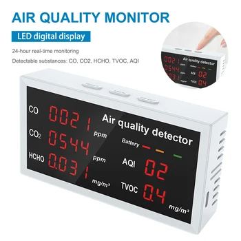 Универсальный 5 In1 Монитор качества воздуха в помещении Измеритель CO CO2 HCHO TVOC AQI Портативный ЖКдисплей Домашний детектор углекислого газа Тестер