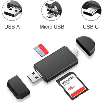 Устройство чтения карт памяти Type C 3 в 1 с портативным устройством чтения карт памяти USB 2.0 и адаптером Micro USB-USB C OTG для карт SD-3C SDXC SDHC MMC