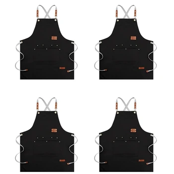 Фартук шеф-повара 4X-Фартук с перекрестной спинкой для мужчин и женщин, Кухонные Фартуки С регулируемыми бретелями и большими карманами (черный)
