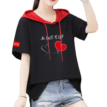 Хлопковая тонкая футболка с капюшоном, Женская летняя одежда, Новые Футболки в корейском стиле с коротким рукавом, топ с принтом Любви для девочки, черный