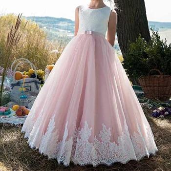 Элегантное Темпераментное Кружевное платье без рукавов на День Рождения, свадебная вечеринка, платья с цветочным узором для девочек, бальное платье с драпировочным поясом, платье Принцессы