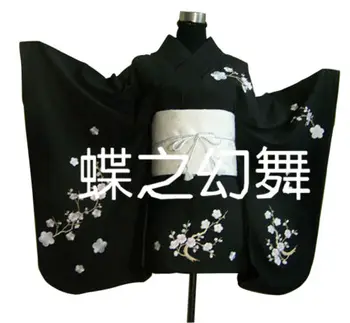 Японское Аниме Цветочное Кимоно Традиционное Женское черное Короткое Furisode Косплей костюм